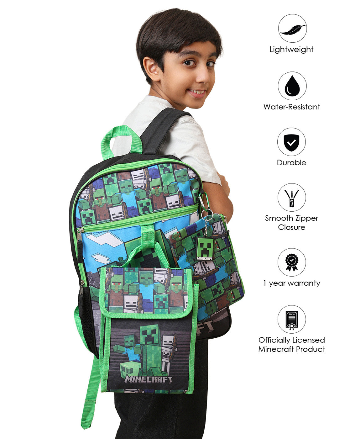 Minecraft Backpack with Lunch Bag & Pencil Pouch for Boys & Girls | School Bag Set of 3 (Keychain Included)
