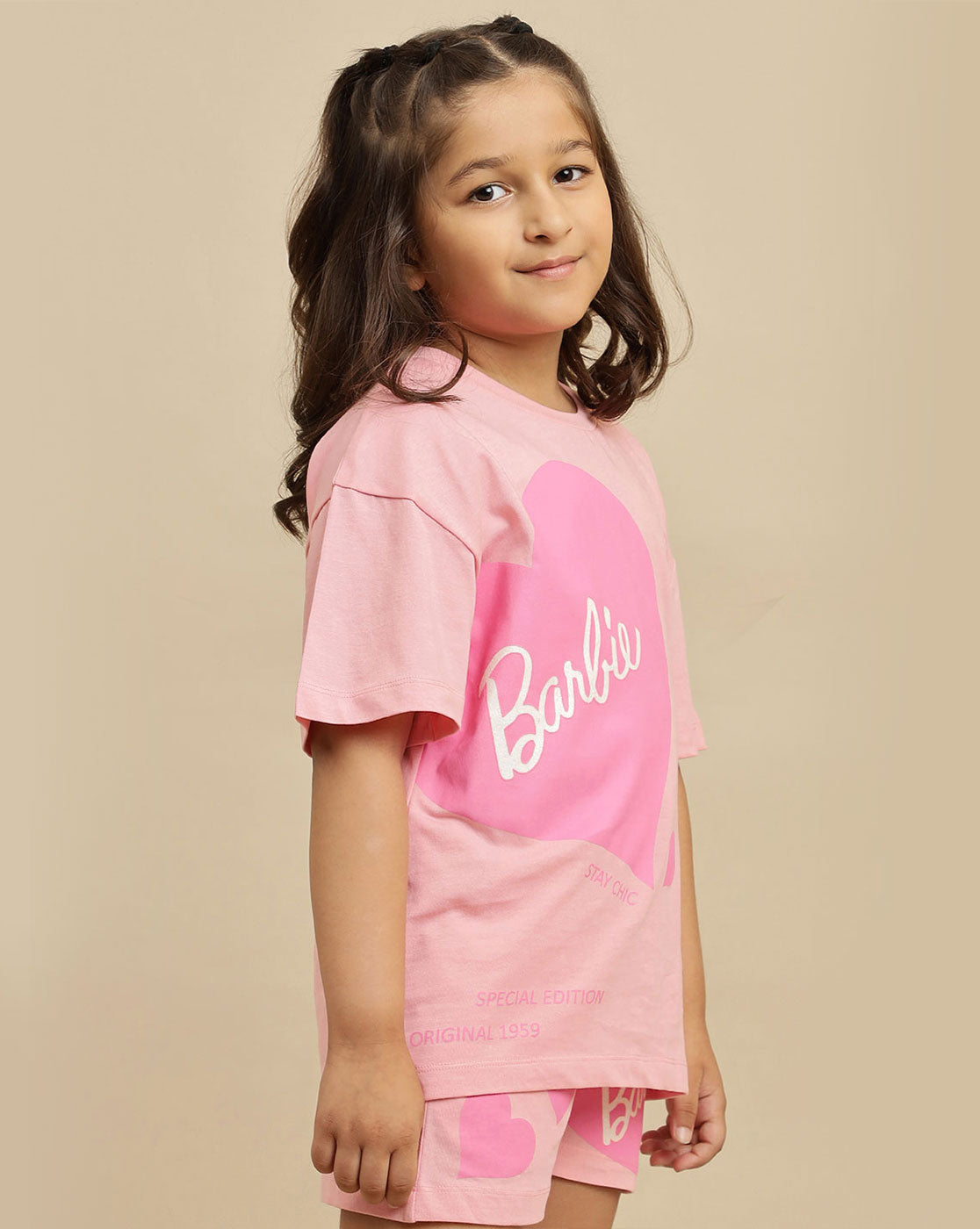 Barbie printed Relaxed Fit T-Shirt & Shorts Co-Ords Set For Girls