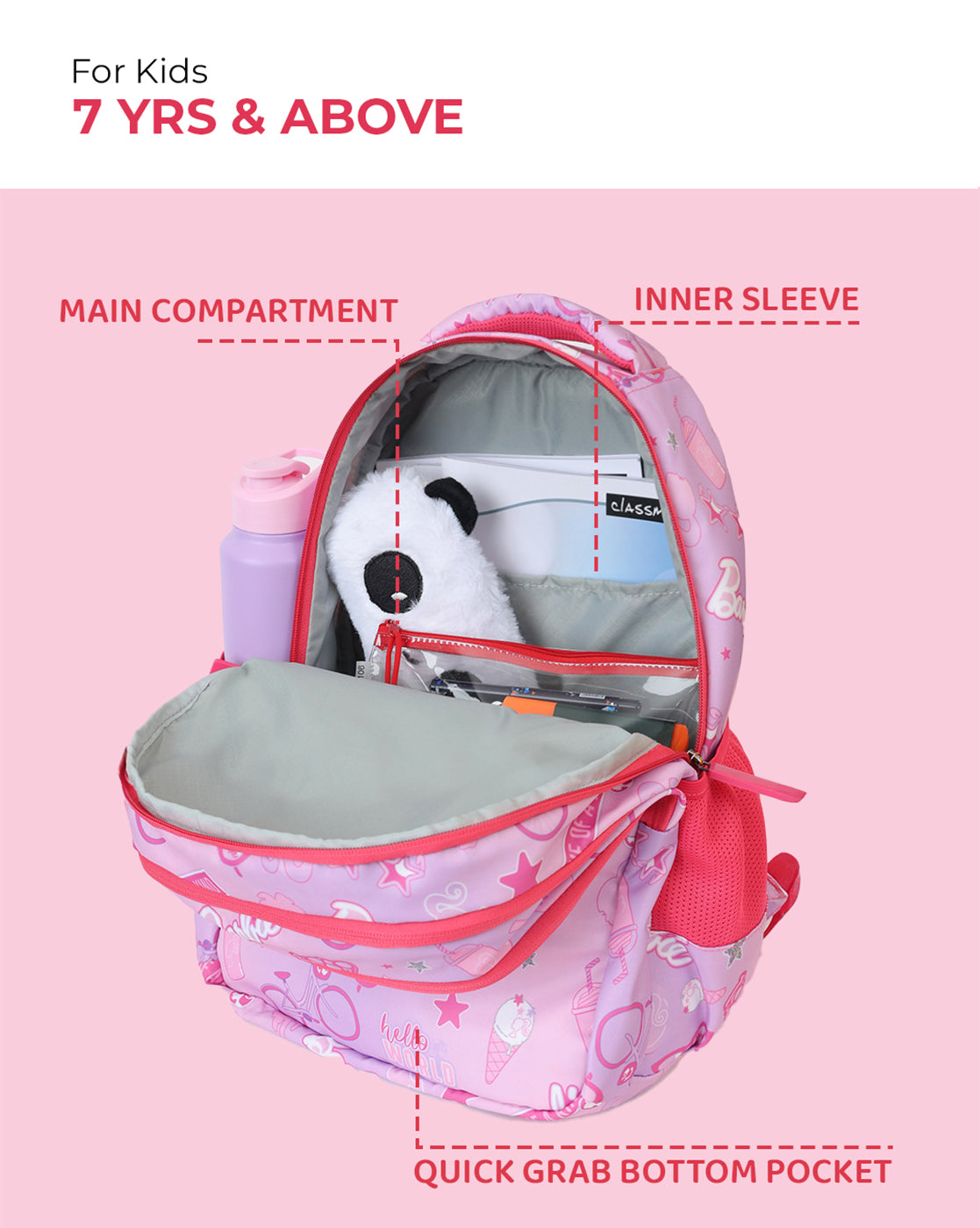 Barbie Kids School & Travel Backpack 17L with Bottle Holders, Cushioned Straps & Multiple Compartments