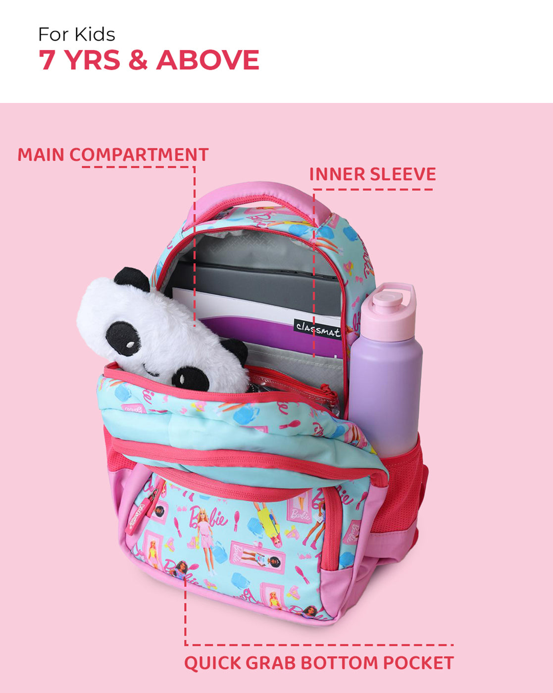 Barbie Kids School & Travel Backpack 17L with Multiple Compartments, Bottle Holders & Cushioned Comfort