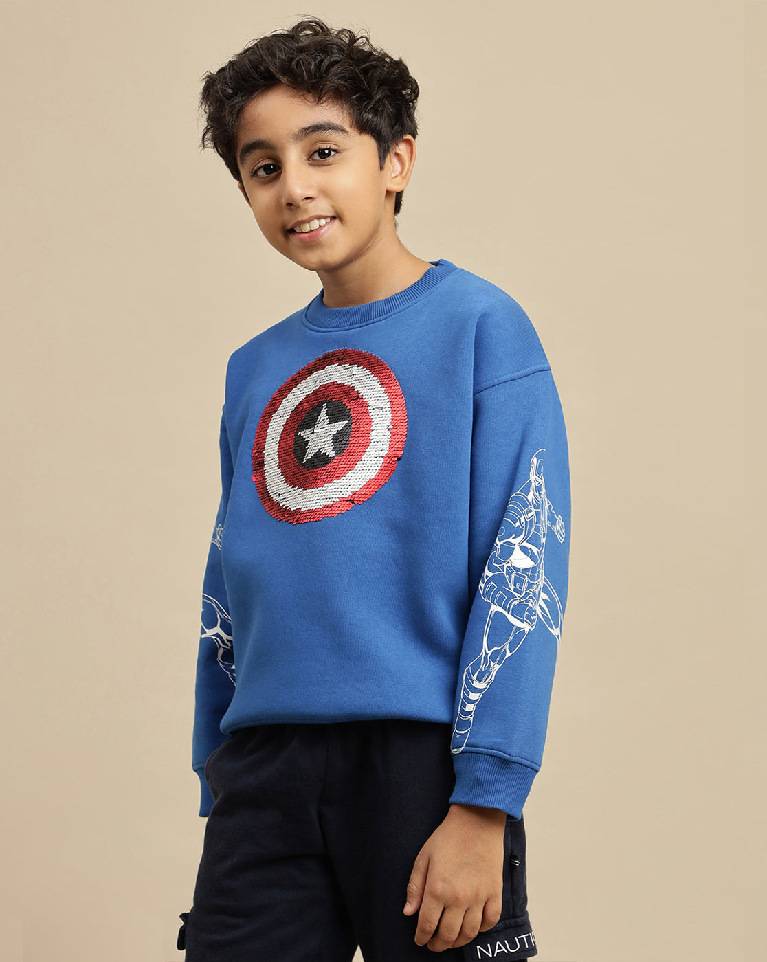 Captain America Printed Oversized Reversible Sequin Sweatshirt For Boys