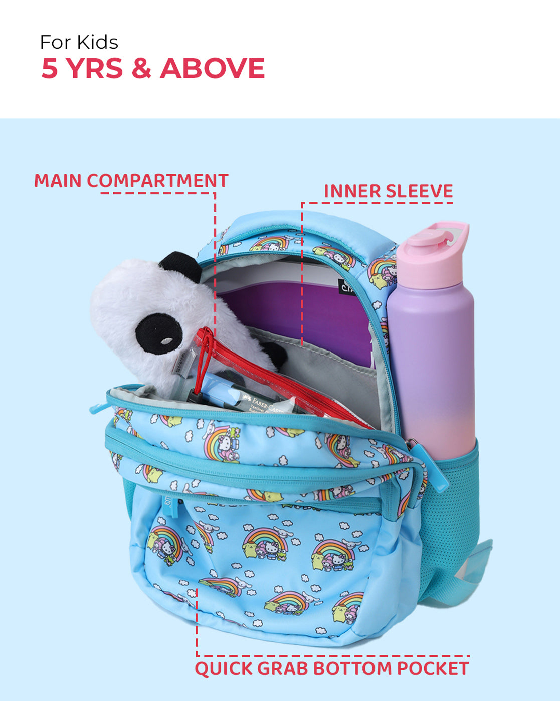 Hello Kitty and Friends Kids School Backpack 10L with Smart Storage, Bottle Holders & Cushioned Comfort