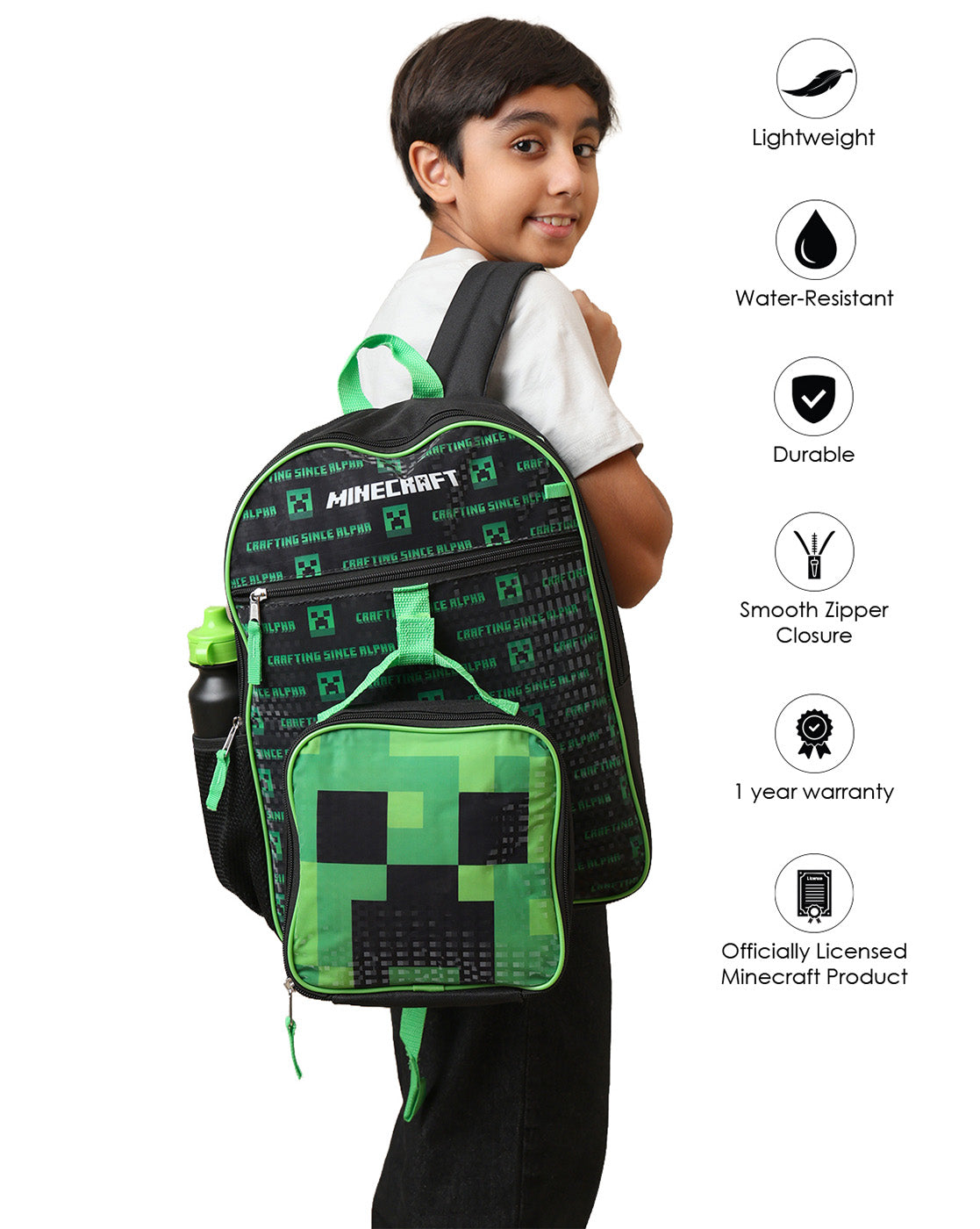 Minecraft Backpack with Lunch Bag & Water Bottle for Boys & Girls | School Bag Set of 3