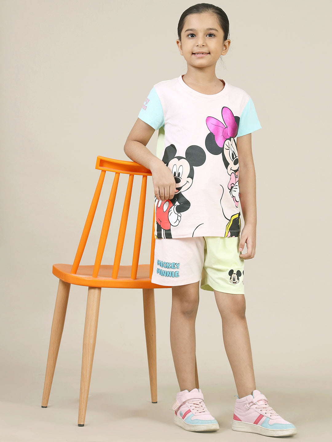 Mickey & Friends Printed T-Shirt & Shorts Co-Ords Set For Girls