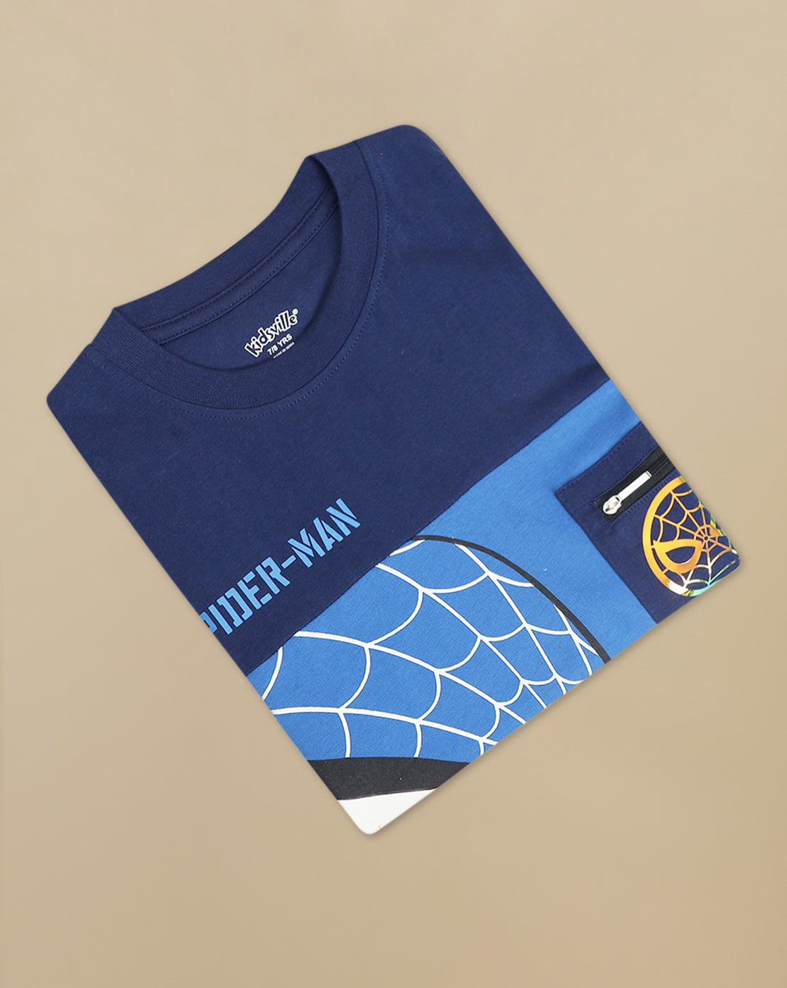 Spiderman Printed Regular Fit Tshirt with Zip Pocket For Boys