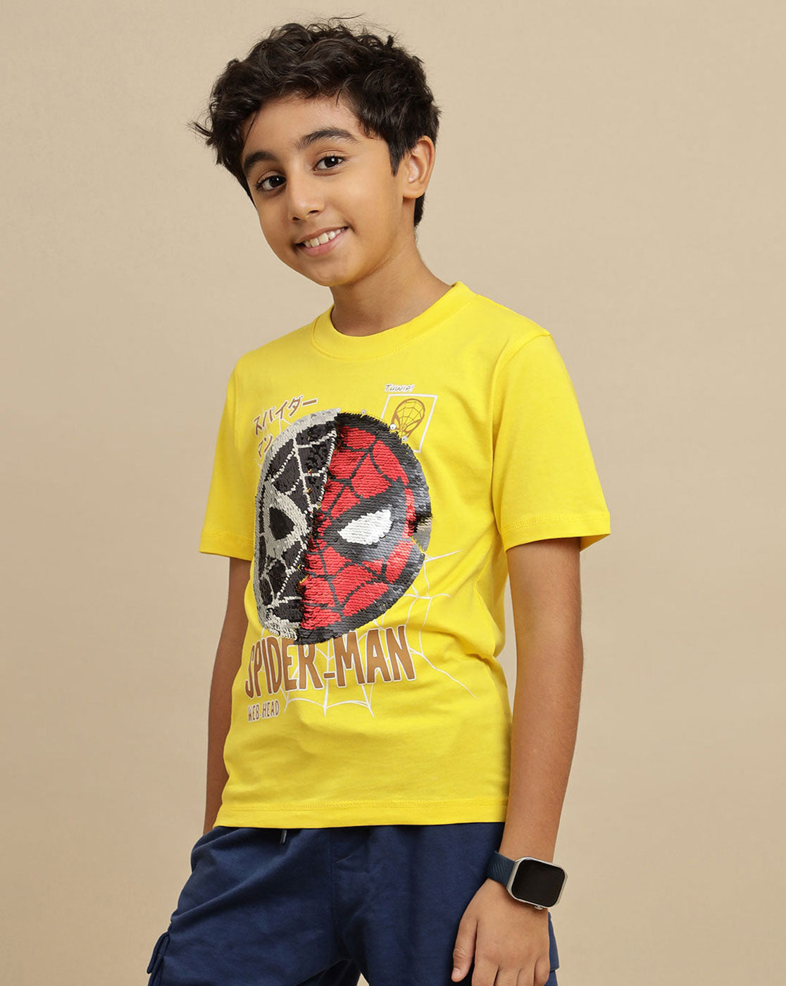 Spiderman Printed Regular Fit Reversible Sequin Tshirt For Boys