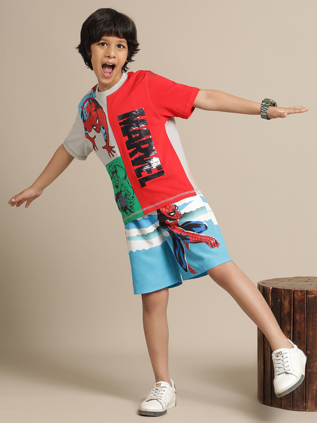 Spiderman Printed T-Shirt & Borad Shorts Co-Ords Set For Boys