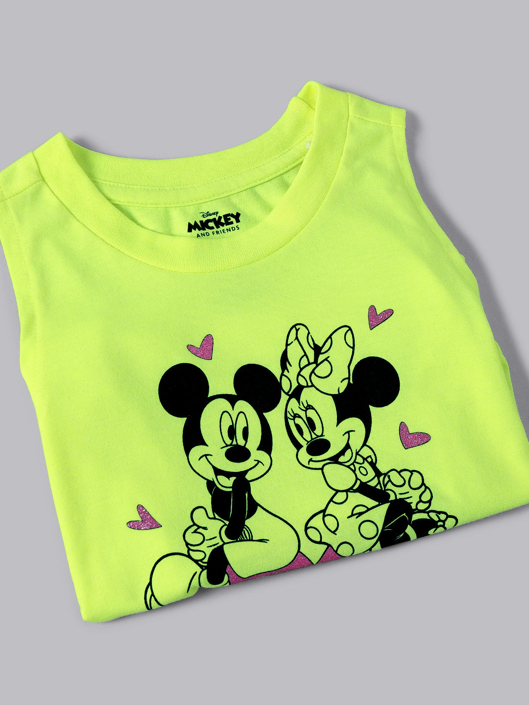 Kids Girls Mickey And Friends Neon Green Sleeveless T-Shirt Top