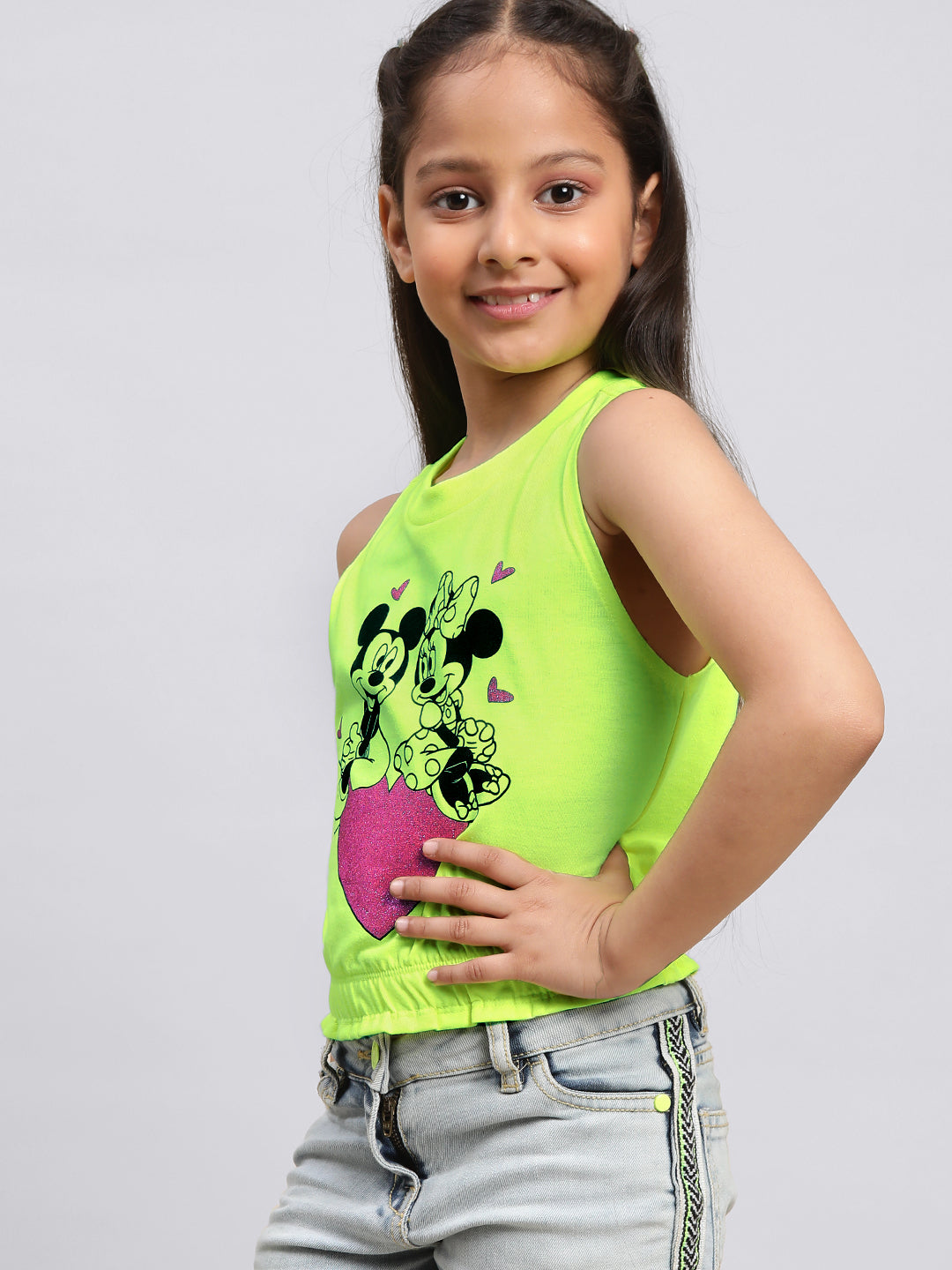 Kids Girls Mickey And Friends Neon Green Sleeveless T-Shirt Top