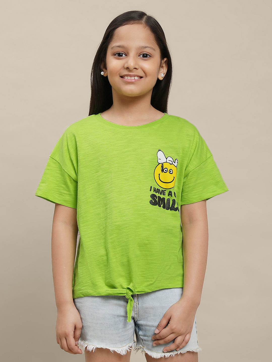 Peanuts Printed Green Tshirt For Girls
