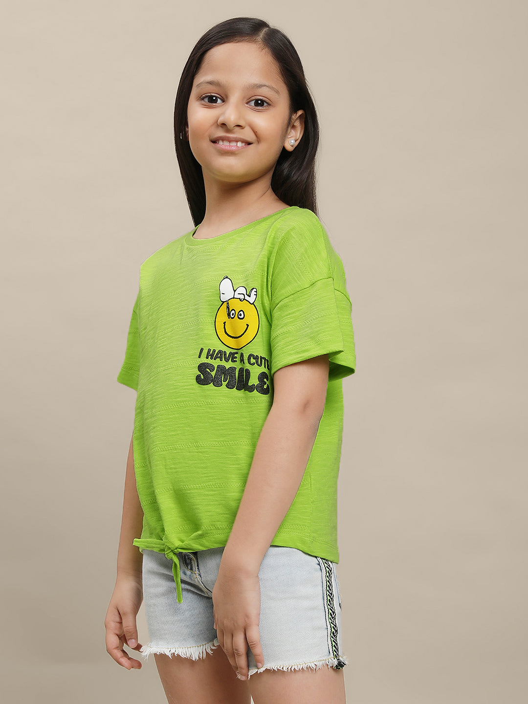 Peanuts Printed Green Tshirt For Girls