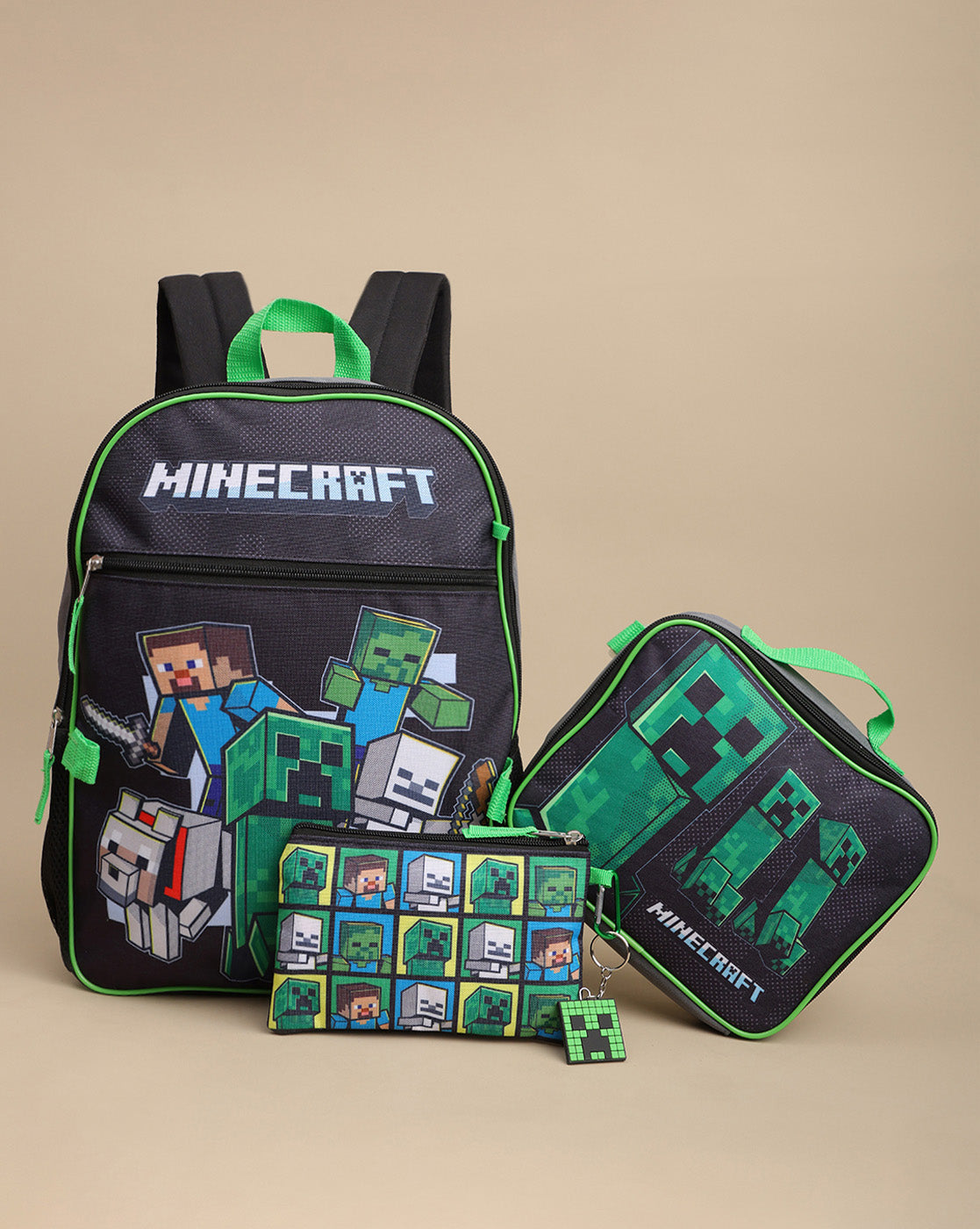 Minecraft Backpack with Lunch Bag & Pencil Pouch for Boys & Girls | School Bag Set of 3 (Keychain Included)