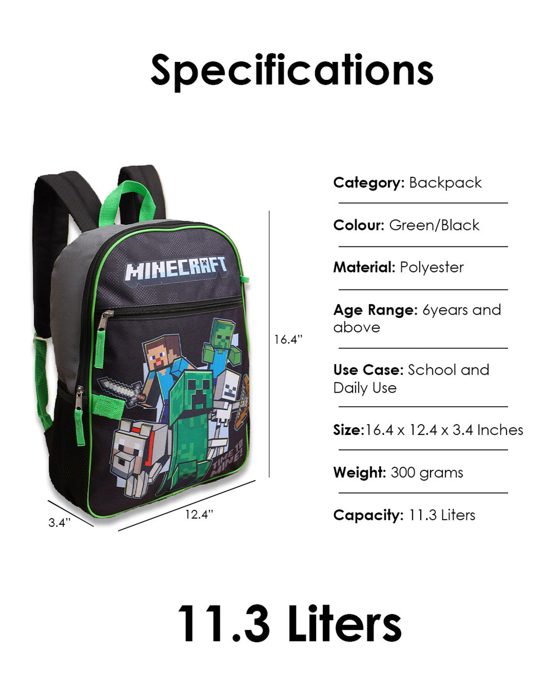 Minecraft Backpack with Lunch Bag & Pencil Pouch for Boys & Girls | School Bag Set of 3 (Keychain Included)
