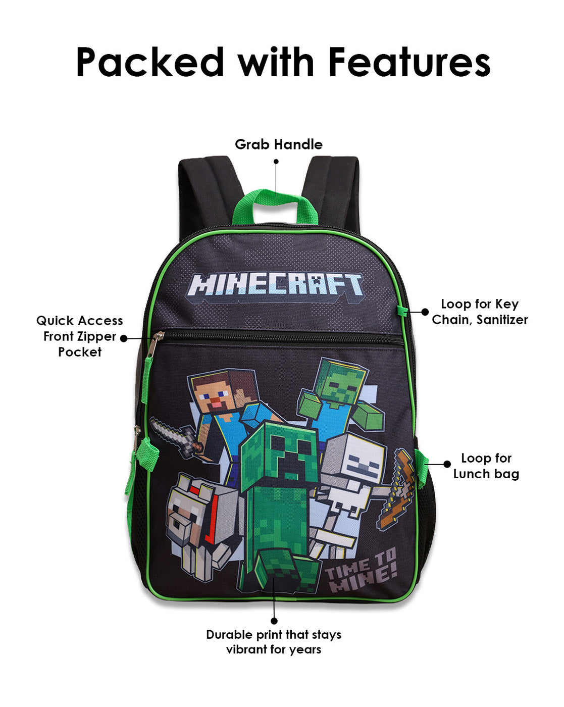 Minecraft Backpack with Lunch Bag & Pencil Pouch for Boys & Girls | School Bag Set of 3 (Keychain Included)