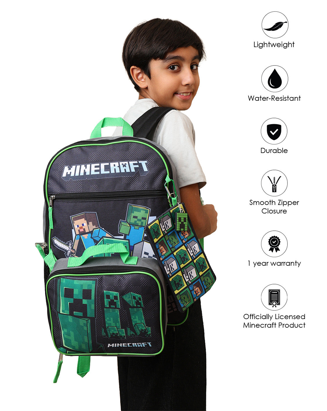 Minecraft Backpack with Lunch Bag & Pencil Pouch for Boys & Girls | School Bag Set of 3 (Keychain Included)