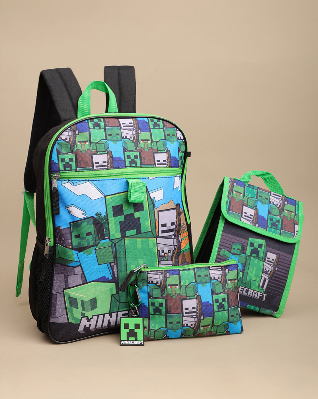 Minecraft Backpack with Lunch Bag & Pencil Pouch for Boys & Girls | School Bag Set of 3 (Keychain Included)
