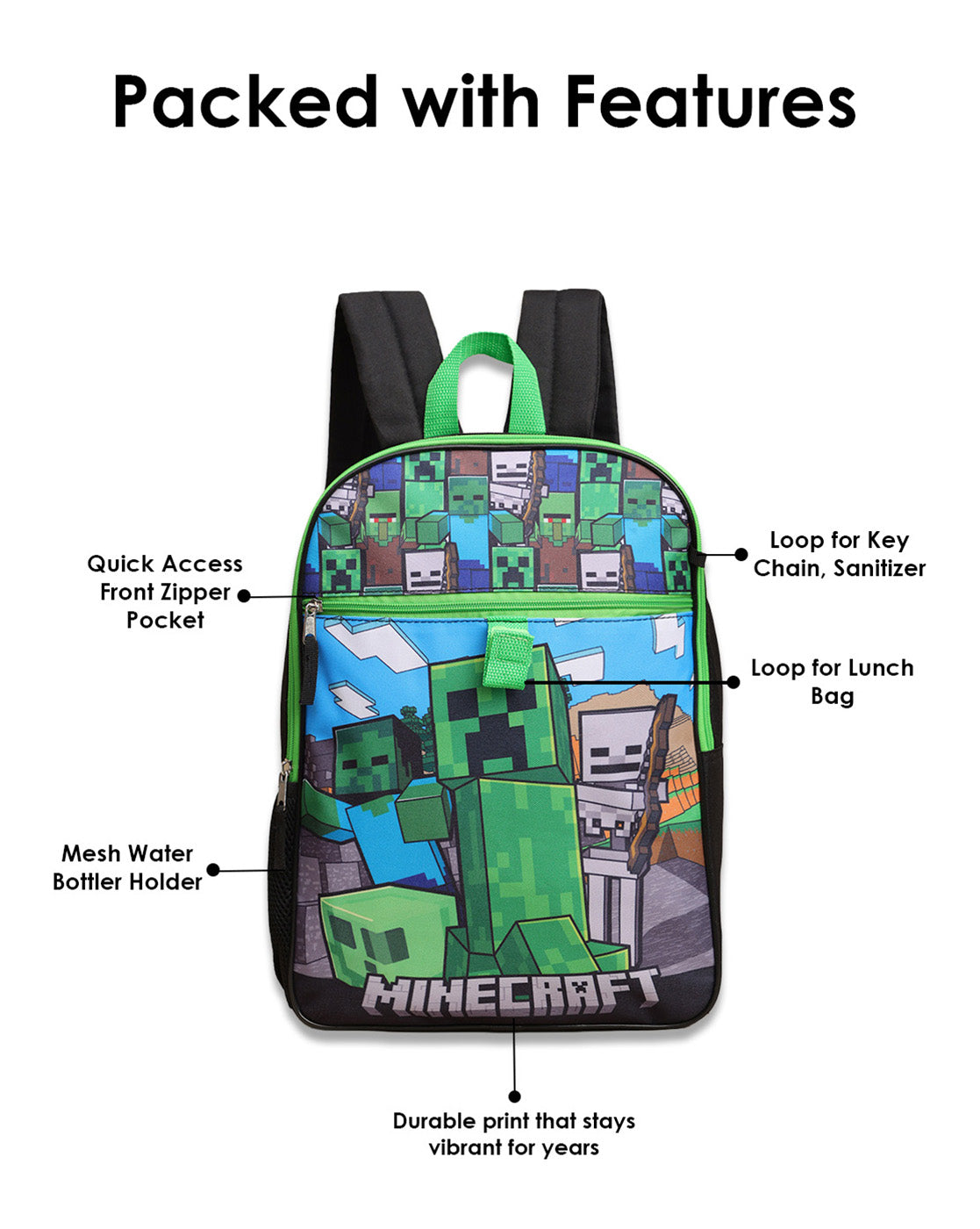 Minecraft Backpack with Lunch Bag & Pencil Pouch for Boys & Girls | School Bag Set of 3 (Keychain Included)