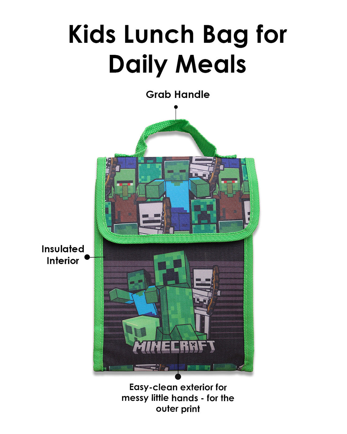 Minecraft Backpack with Lunch Bag & Pencil Pouch for Boys & Girls | School Bag Set of 3 (Keychain Included)