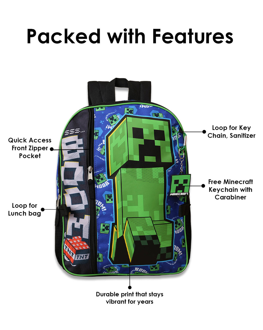 Minecraft Backpack with Lunch Bag & Pencil Pouch for Boys & Girls | School Bag Set of 3 (Keychain Included)