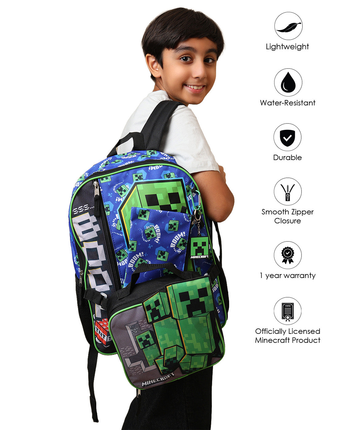Minecraft Backpack with Lunch Bag & Pencil Pouch for Boys & Girls | School Bag Set of 3 (Keychain Included)