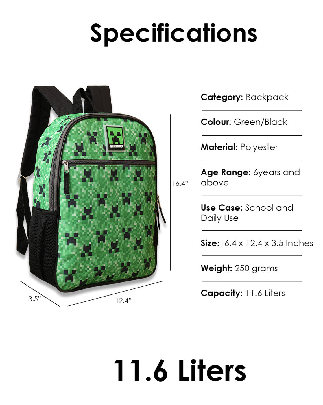 Minecraft 11.6L Backpack for Boys & Girls | Adjustable Shoulder Strap, Lightweight, Spacious | Travel, Tuition, School Bag for Kids
