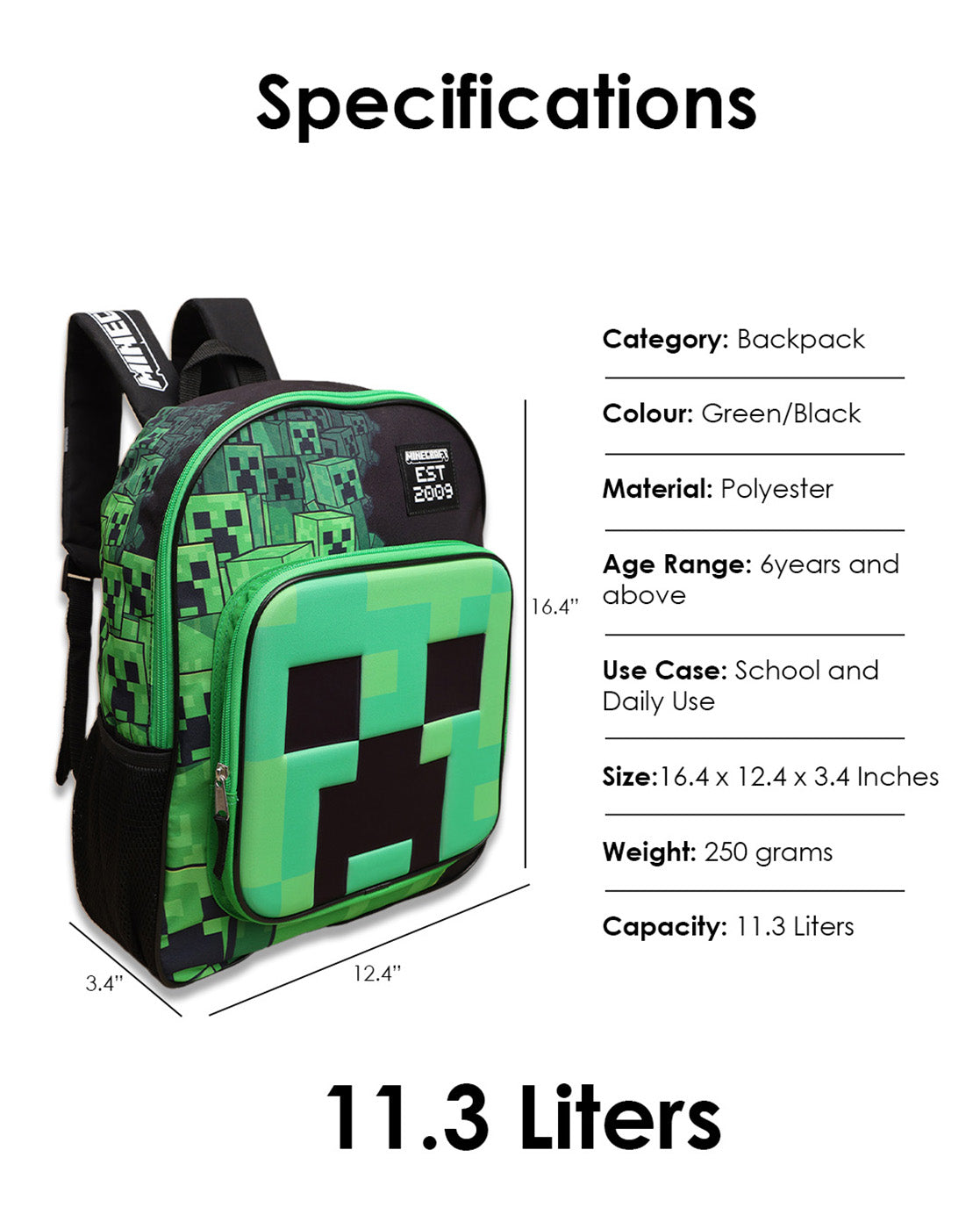 Minecraft 11.3L Backpack for Boys & Girls | Adjustable Shoulder Strap, Lightweight, Spacious | Travel, Tuition, School Bag for Kids