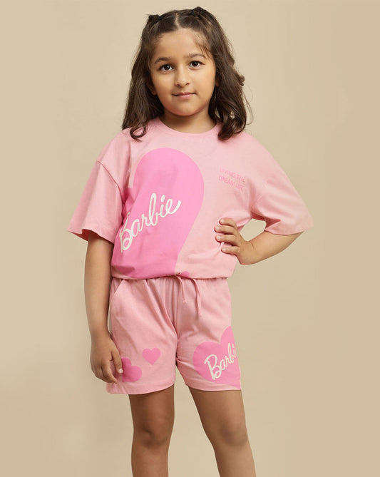 Barbie printed Relaxed Fit T-Shirt & Shorts Co-Ords Set For Girls
