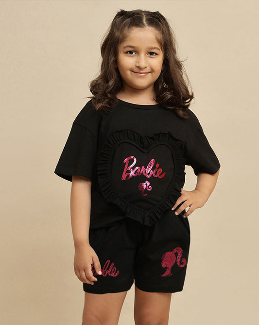 Barbie printed Relaxed Fit T-Shirt & Shorts Co-Ords Set For Girls