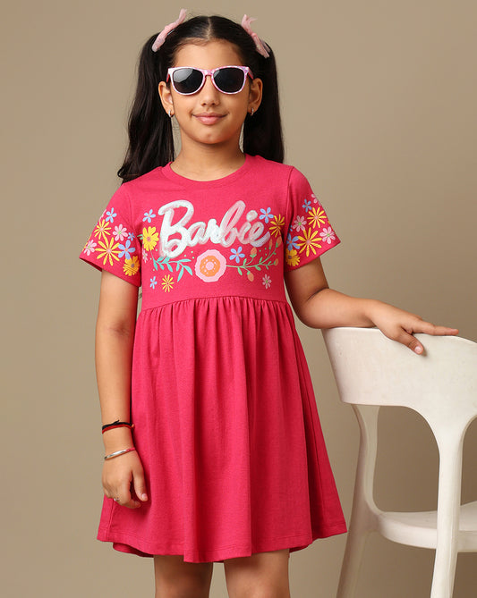 Barbie Printed Regular Fit Dress For Girls