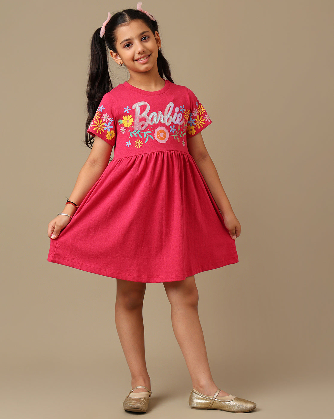 Barbie Printed Regular Fit Dress For Girls