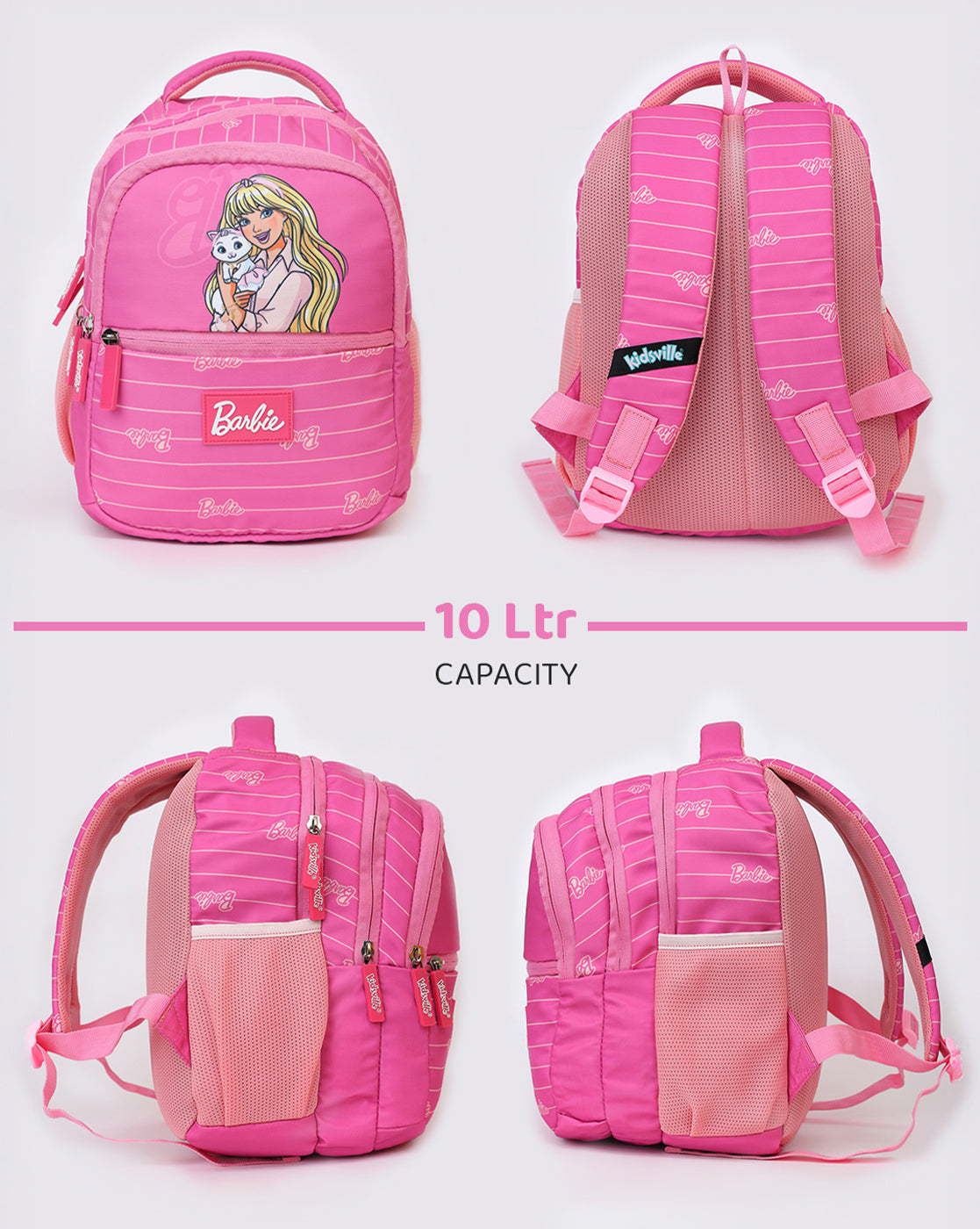 Barbie Kids Backpack with Multiple Compartments, 10L Pink School Bag for Girls