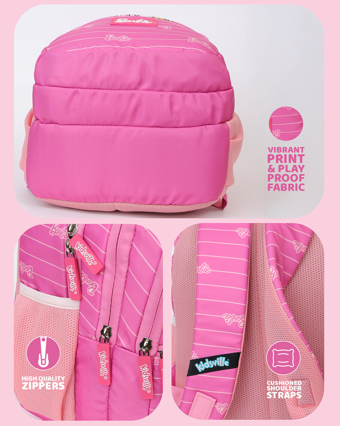 Barbie Kids Backpack with Multiple Compartments, 10L Pink School Bag for Girls