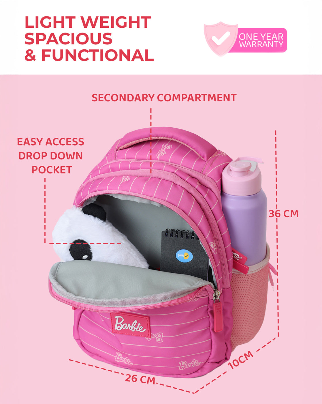 Barbie Kids Backpack with Multiple Compartments, 10L Pink School Bag for Girls