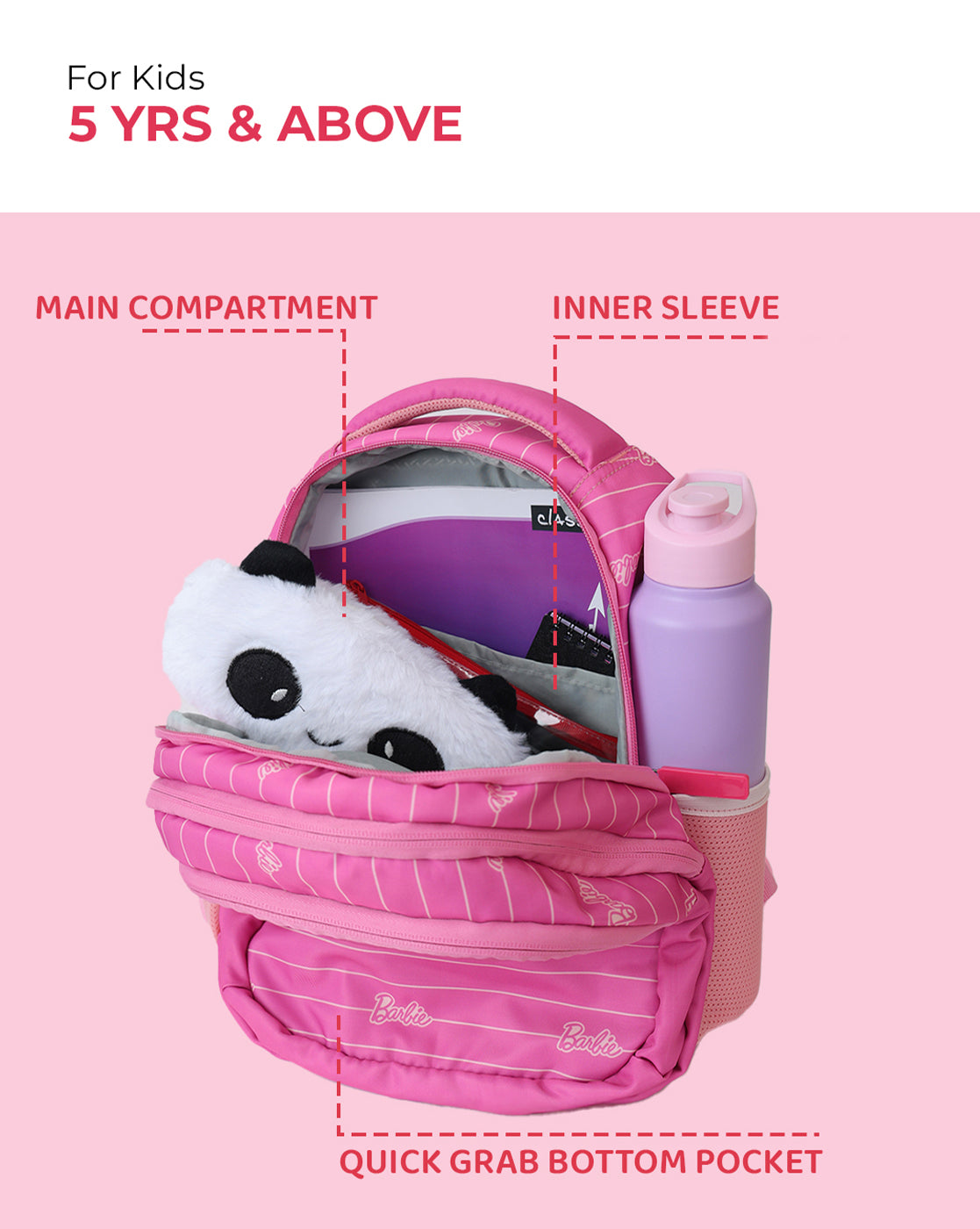 Barbie Kids Backpack with Multiple Compartments, 10L Pink School Bag for Girls