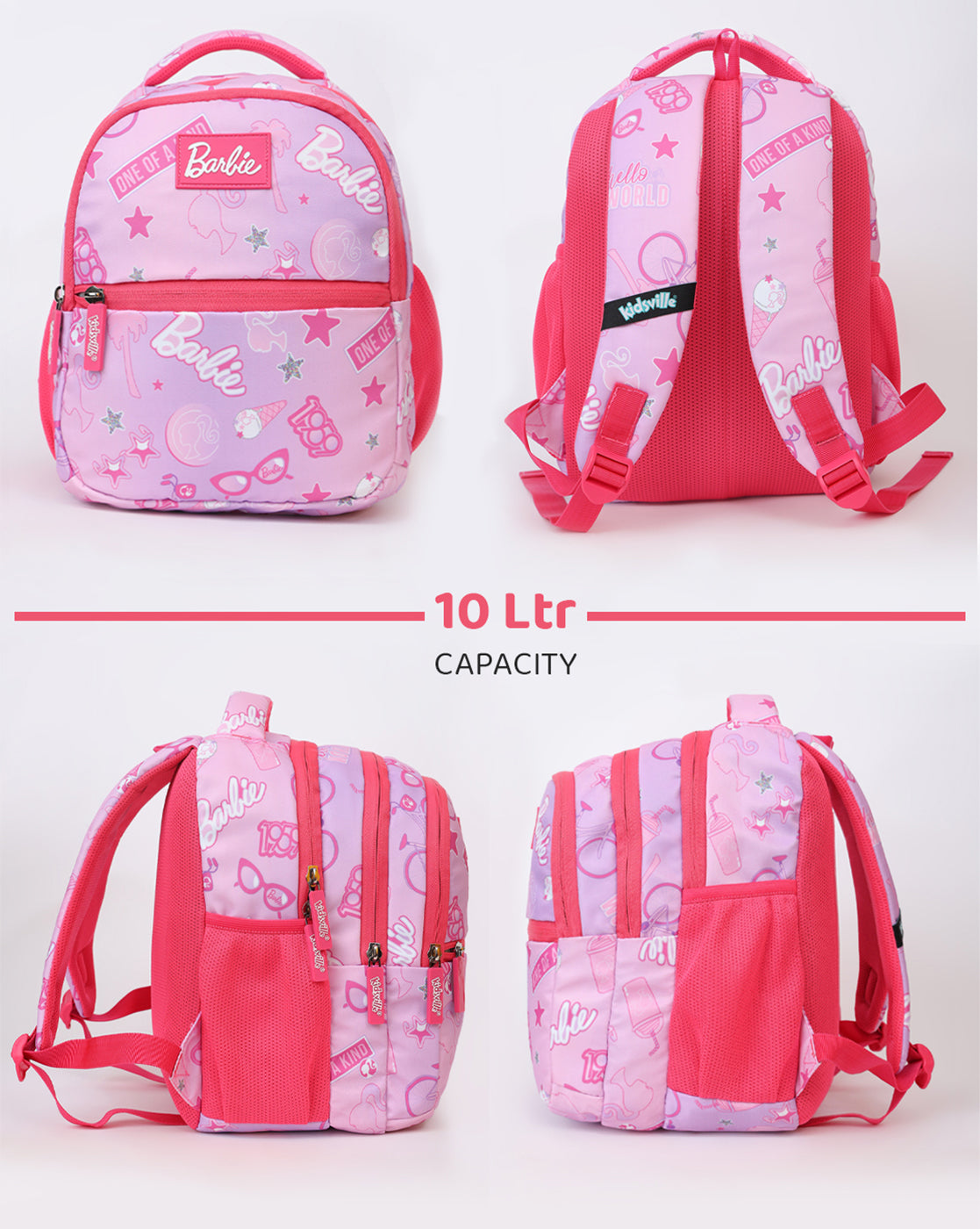 Barbie Kids School Backpack 10L Pink Printed Bag with Organized Storage & Bottle Holders for Girls