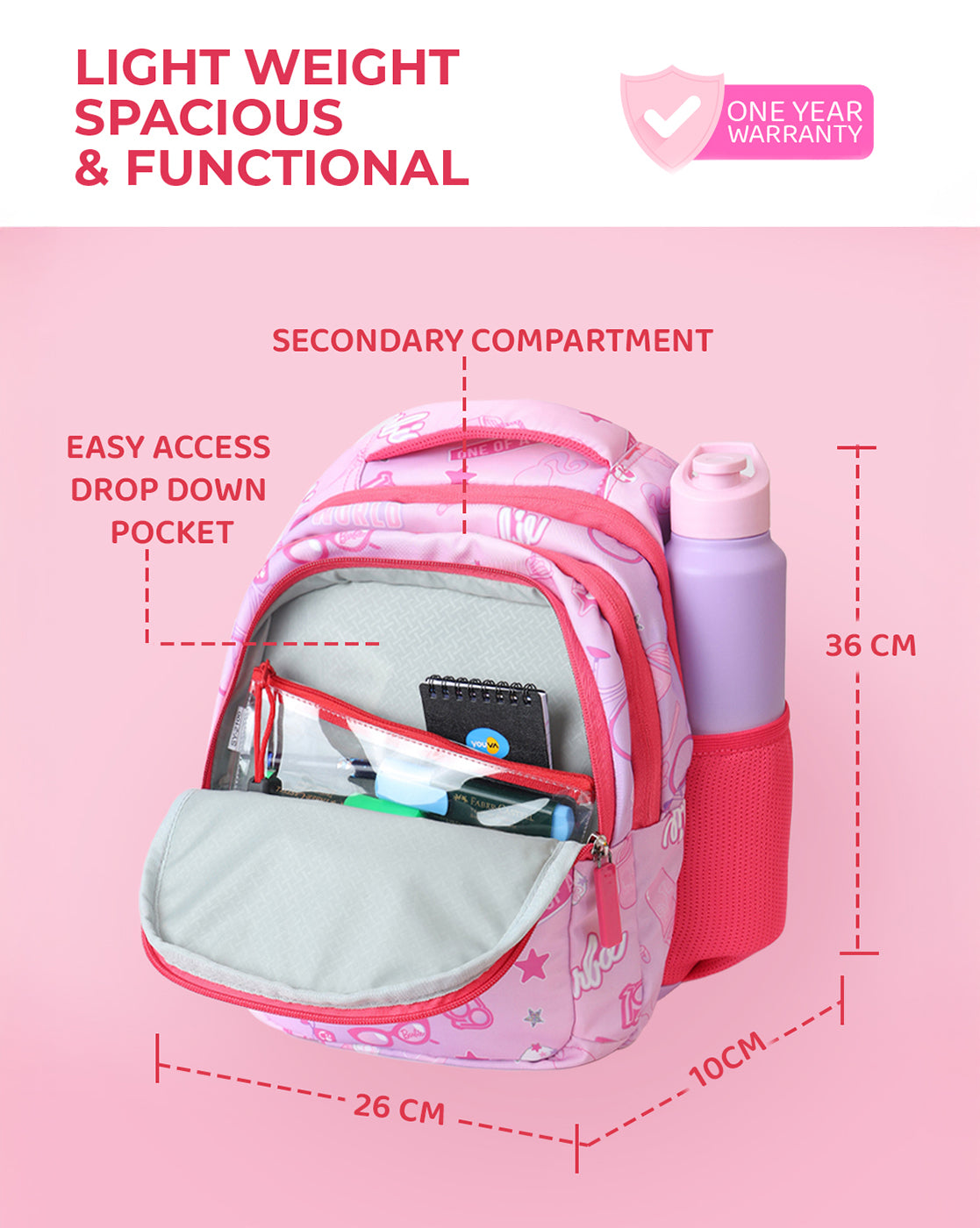 Barbie Kids School Backpack 10L Pink Printed Bag with Organized Storage & Bottle Holders for Girls