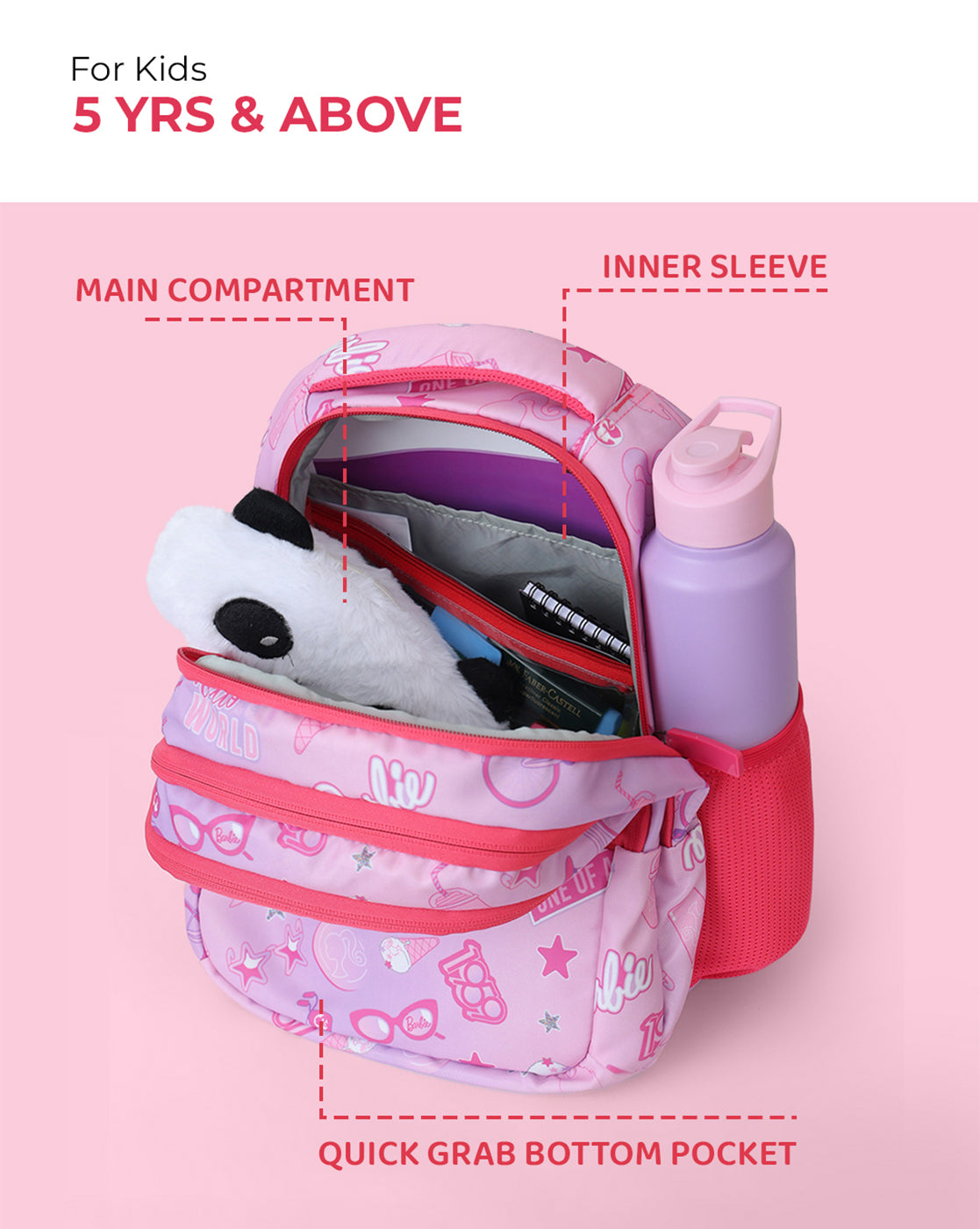 Barbie Kids School Backpack 10L Pink Printed Bag with Organized Storage & Bottle Holders for Girls