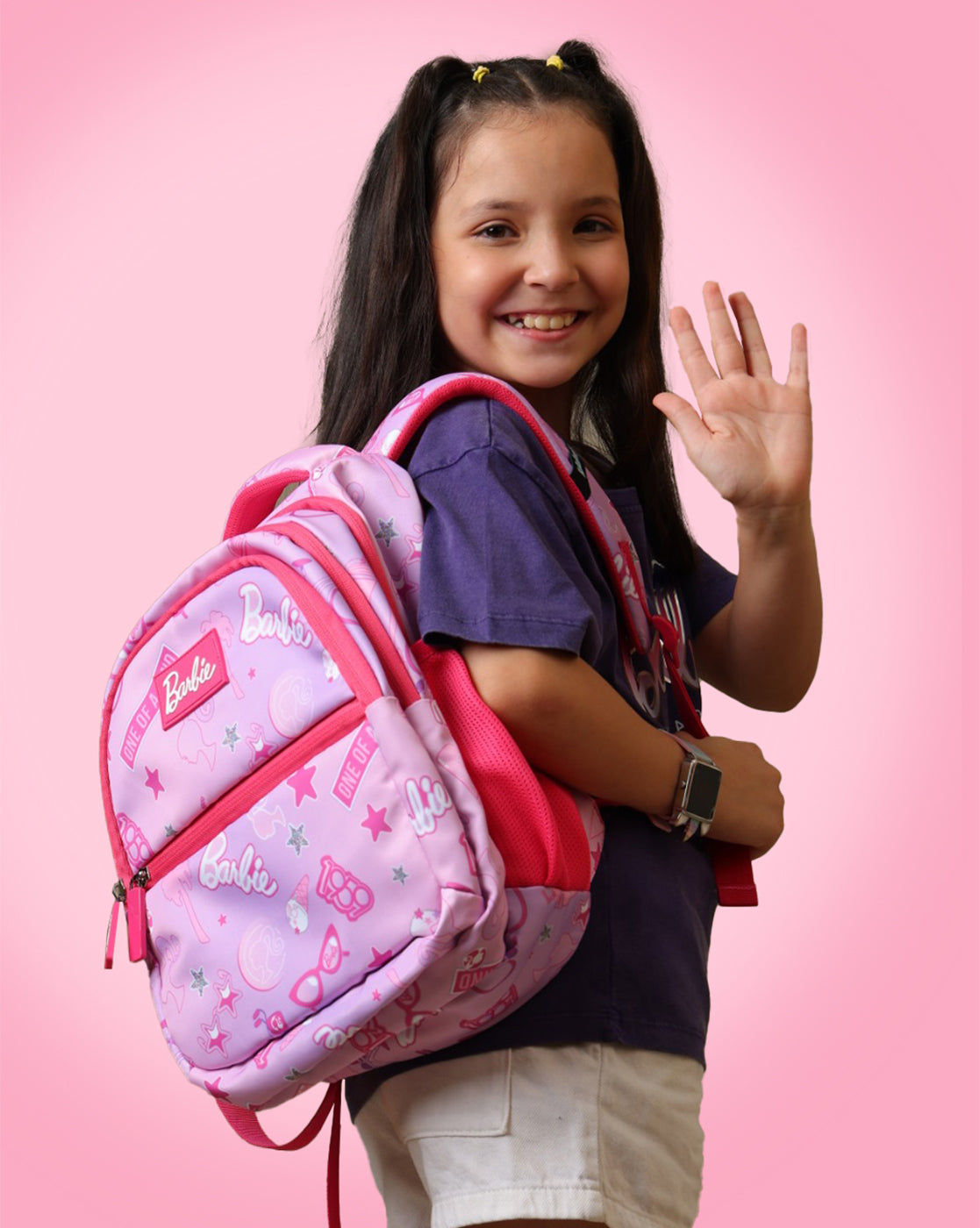 Barbie Kids School Backpack 10L Pink Printed Bag with Organized Storage & Bottle Holders for Girls