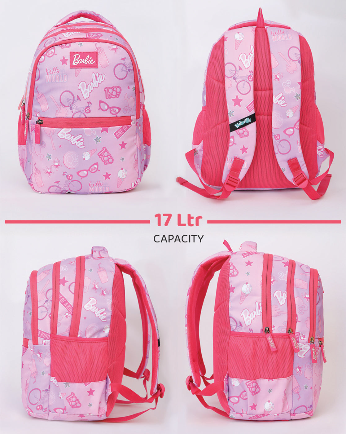 Barbie Kids School & Travel Backpack 17L with Bottle Holders, Cushioned Straps & Multiple Compartments