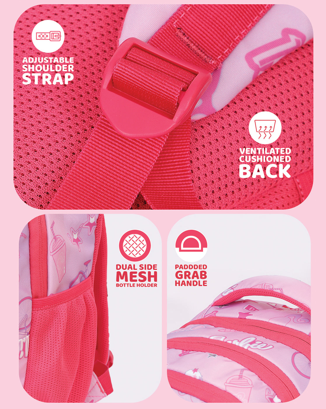Barbie Kids School & Travel Backpack 17L with Bottle Holders, Cushioned Straps & Multiple Compartments