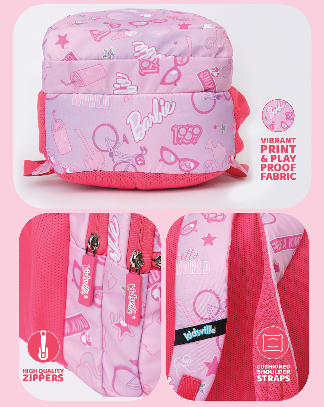 Barbie Kids School & Travel Backpack 17L with Bottle Holders, Cushioned Straps & Multiple Compartments