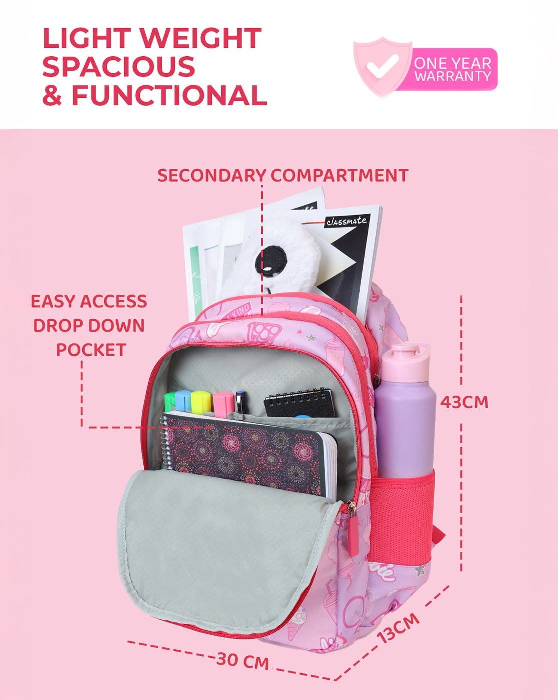 Barbie Kids School & Travel Backpack 17L with Bottle Holders, Cushioned Straps & Multiple Compartments