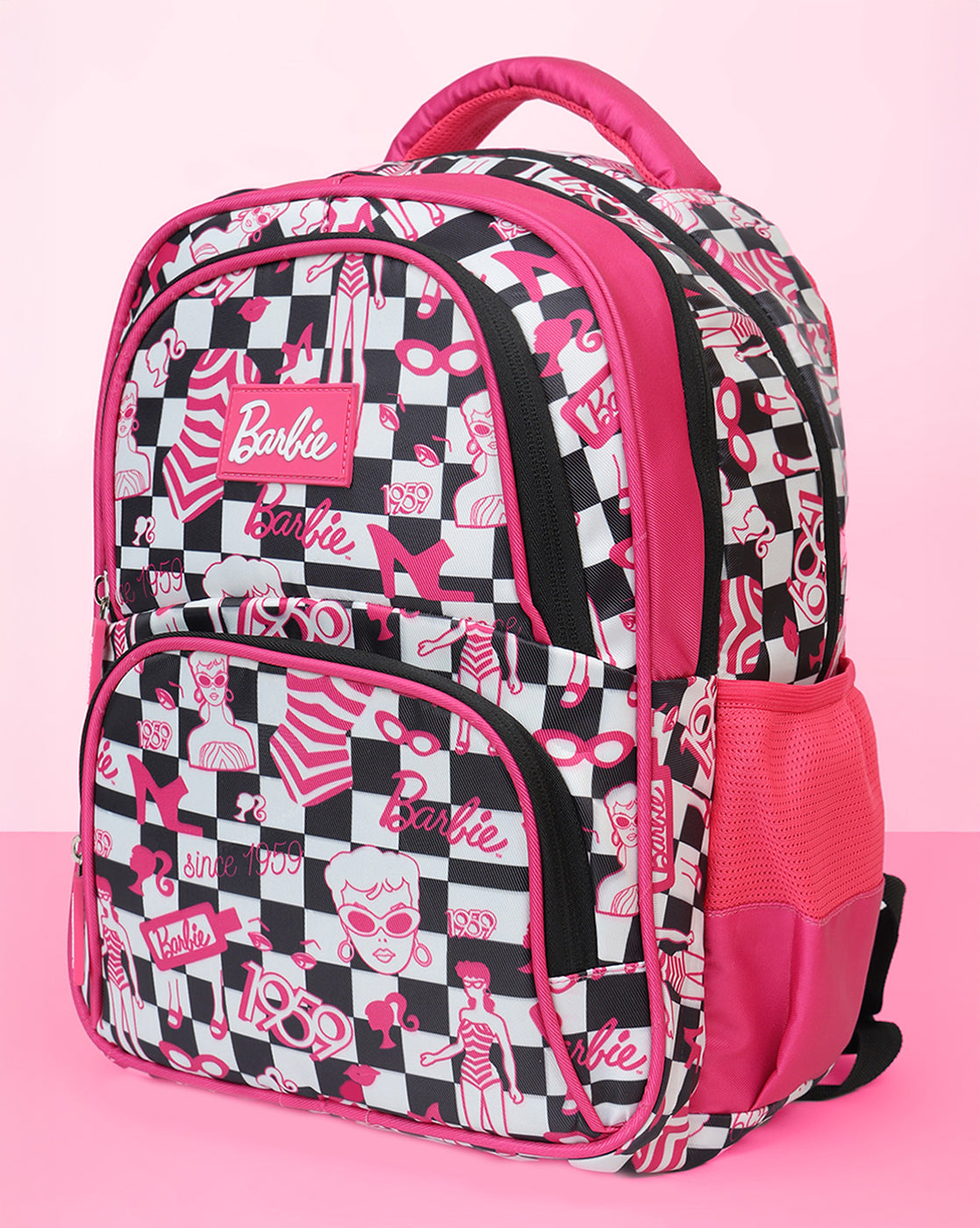 Barbie Checkerboard Kids Backpack 17L with Multiple Compartments, Cushioned Straps & Ventilated Back