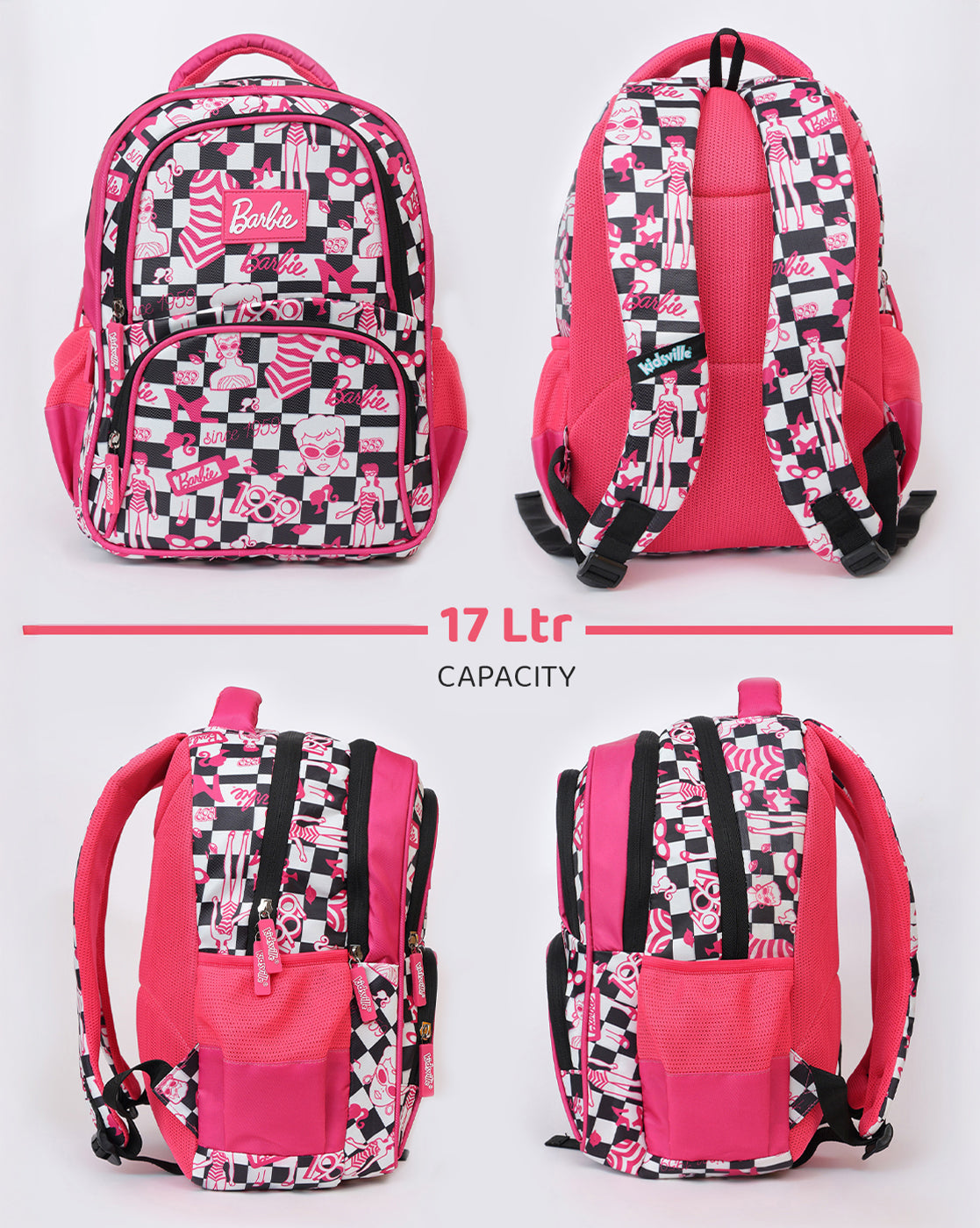 Barbie Checkerboard Kids Backpack 17L with Multiple Compartments, Cushioned Straps & Ventilated Back