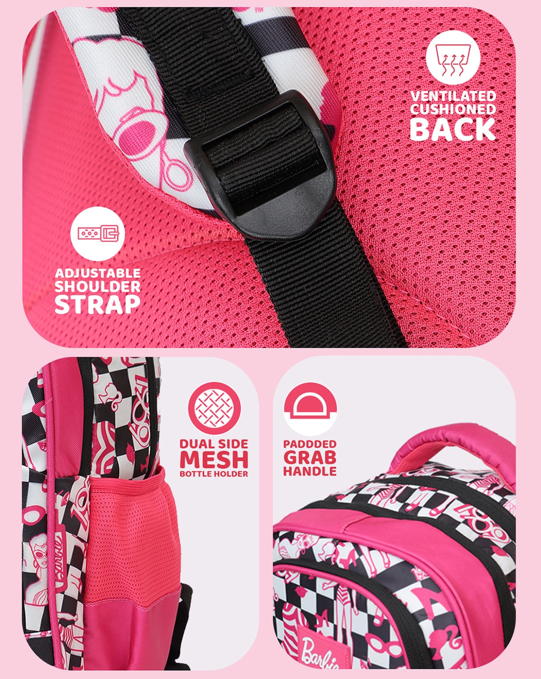 Barbie Checkerboard Kids Backpack 17L with Multiple Compartments, Cushioned Straps & Ventilated Back