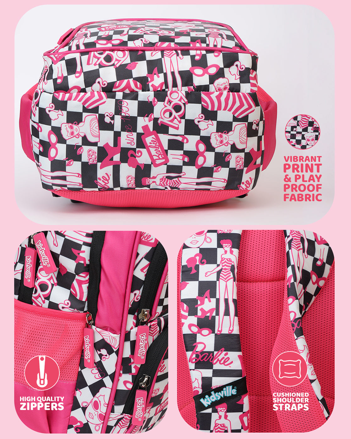Barbie Checkerboard Kids Backpack 17L with Multiple Compartments, Cushioned Straps & Ventilated Back