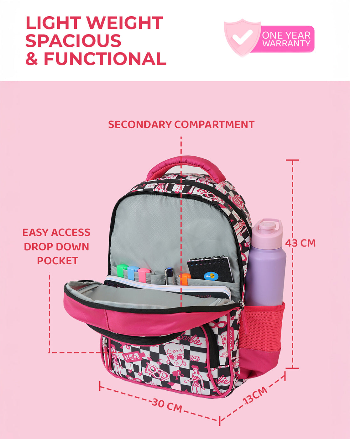Barbie Checkerboard Kids Backpack 17L with Multiple Compartments, Cushioned Straps & Ventilated Back