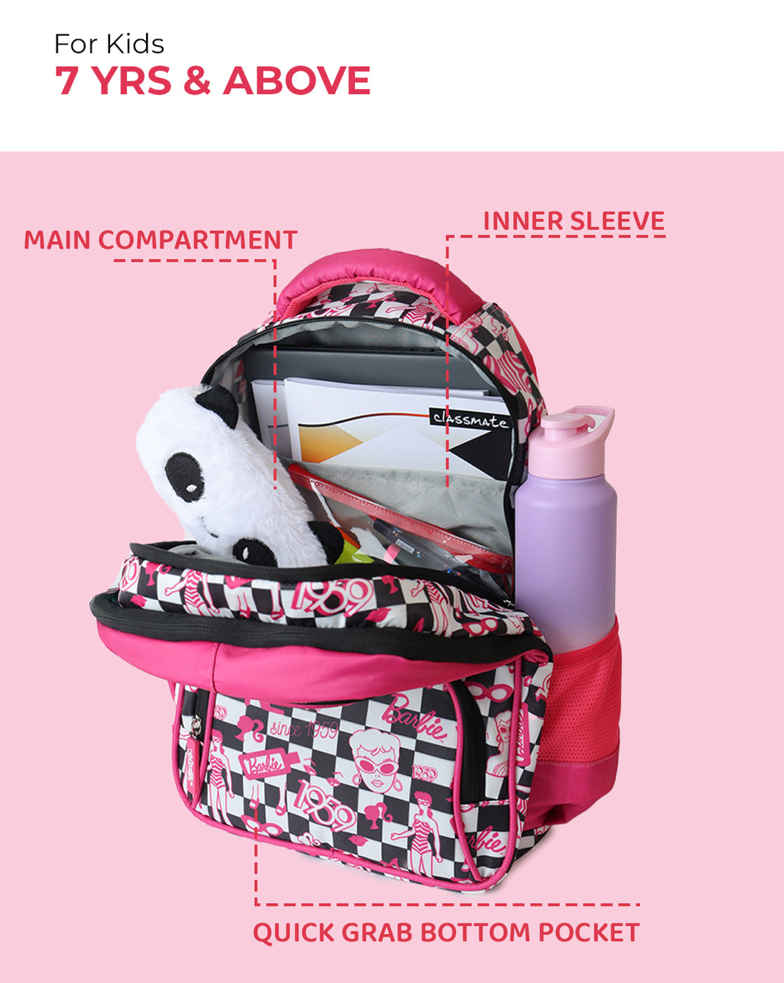 Barbie Checkerboard Kids Backpack 17L with Multiple Compartments, Cushioned Straps & Ventilated Back