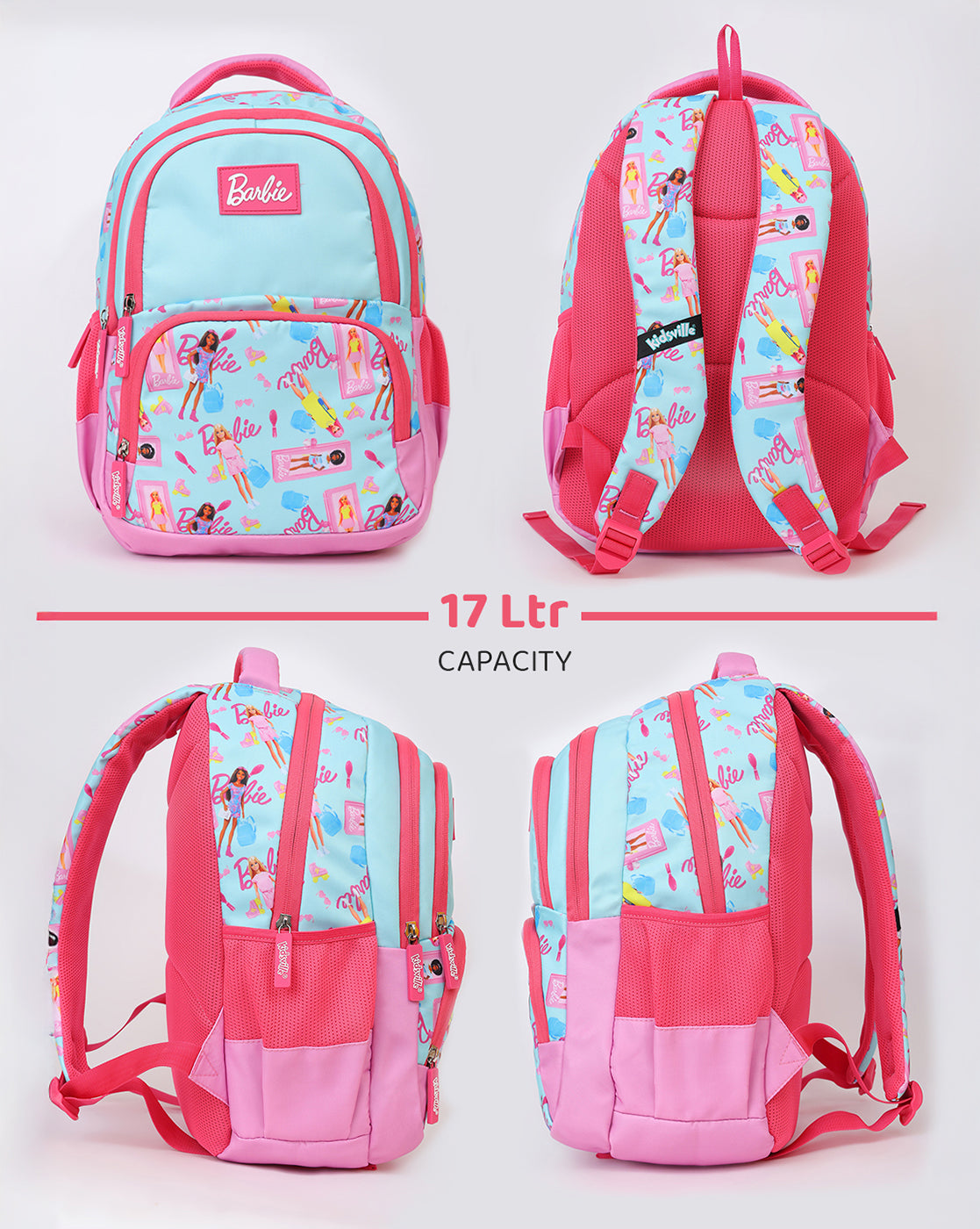 Barbie Kids School & Travel Backpack 17L with Multiple Compartments, Bottle Holders & Cushioned Comfort