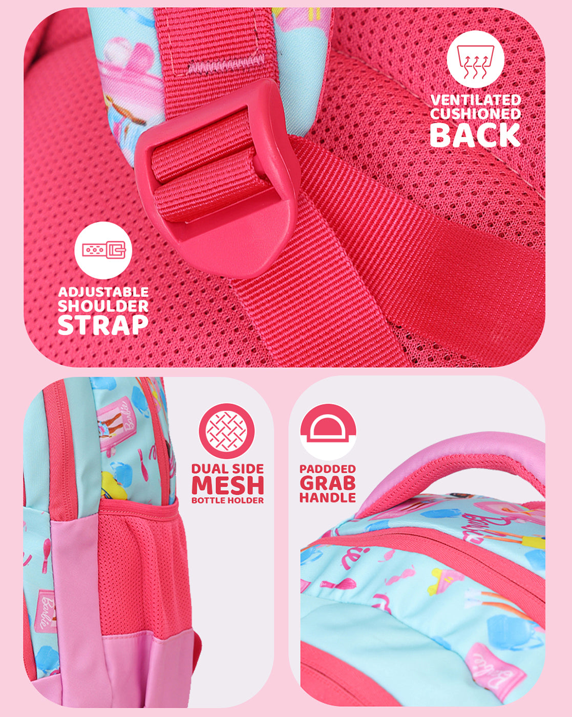 Barbie Kids School & Travel Backpack 17L with Multiple Compartments, Bottle Holders & Cushioned Comfort